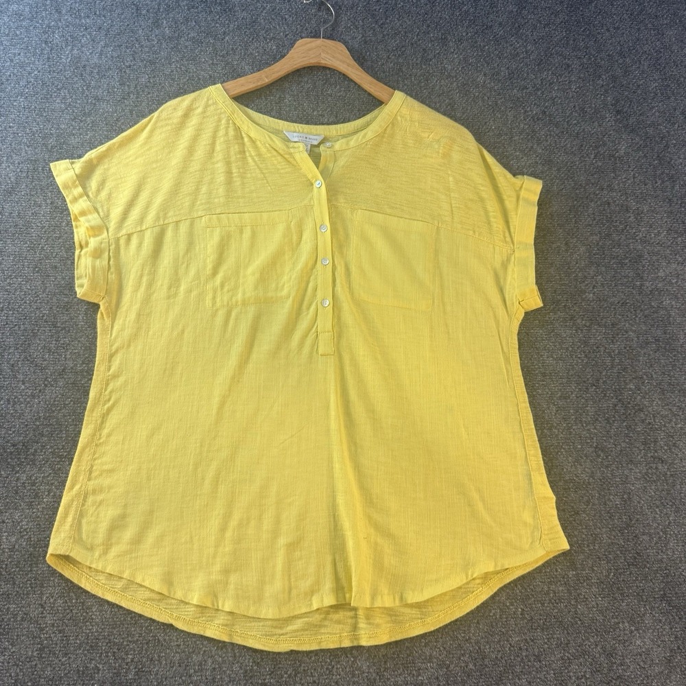 Lucky Brand Yellow Mixed Media Henley Top Women's Medium Short Sleeve Casual